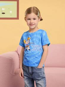 Dexter's Laboratory X SHEIN Young Girl Tie-Dye Cartoon Deedee Print Multicolor T-Shirt Set - Multicolor - View 5