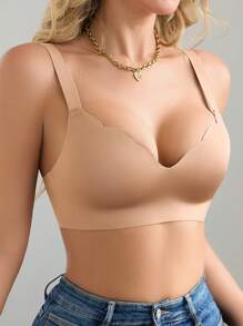 1pc Seamless Minimalist Wavy Edge Solid Color No Underwire Push Up Full Coverage Women Bra - Apricot - View 3