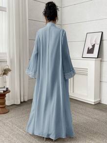 Yasmyna Women's Elegant Solid Color Beaded Decor Stand Collar Arabic Abaya, Modest Robe - Blue - View 2