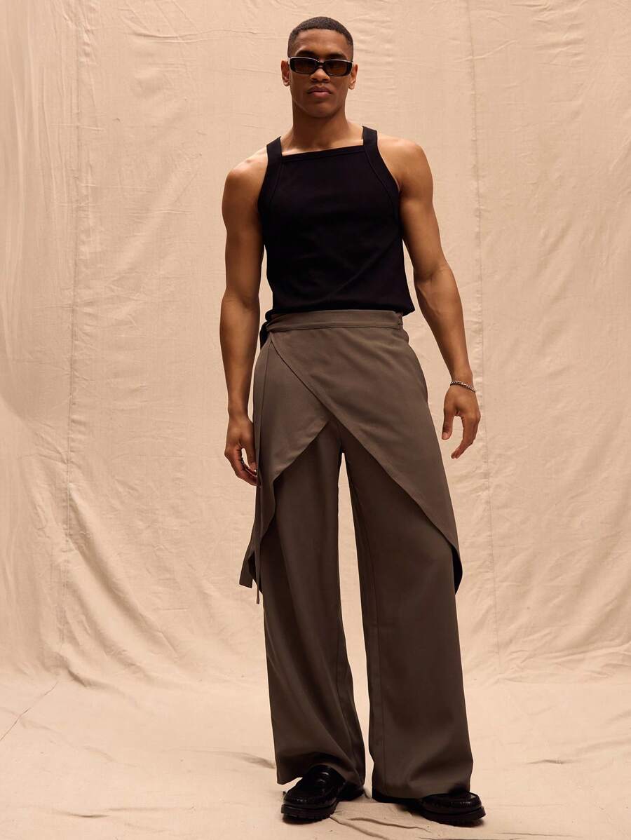 Musero Wrap Around Layered Tie Side Straight Leg Trousers Spring Summer Vacation Easter Streetstyle Smart - Army Green - View 1