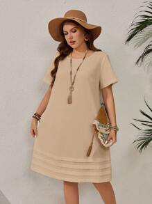 EMERY ROSE Vestido casual de vacaciones de manga corta y unicolor talla grande, conjunto de verano para mujer/Verano, ropa de mujer para vacaciones tropicales