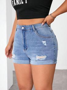 SHEIN ICON Shorts vaqueros skinny rasgados de talla grande, de uso casual de verano - Azul - Ver 5