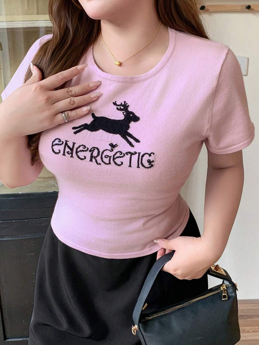 Dazy Plus Pattern Jacquard Knit Wrap-Style Short Sleeve Pink Top - Purple - View 1