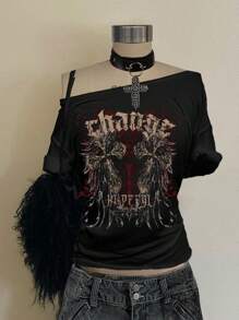 Attitoon 休闲简约落肩女式 T 恤，适合夏季休闲、朋克、复古、十字印花、翼印花、Y2K