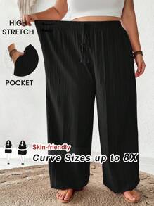 SHEIN CURVE+ Outfits casuales de playa de verano para mujer de talla grande, pantalones anchos elegantes de negocios y viajes con bolsillos, color rosa loto, pantalones de verano para vacaciones de playa, campo o país