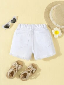 Baby Girl Distressed Denim Shorts, Versatile Style - White - View 2