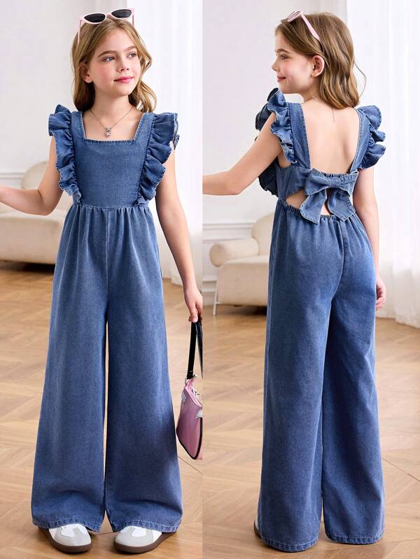 SHEIN Tween Girls Spring Summer Break Solid Washed Sleeveless Backless Openback Jumpsuit With Bowknot And Ruffle Trim,Casual Style And Casual Fit,Girls Summer Beach Boho Vacation Causal Outfits,Rave Concert Festival Outfits
