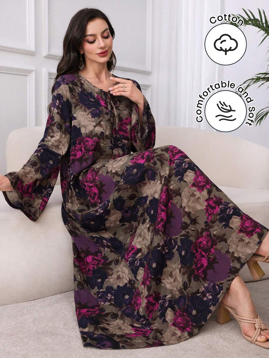 Al Najma Cotton Floral Print Lace-Up Collar Comfortable Dress,Modest - Purple - View 1