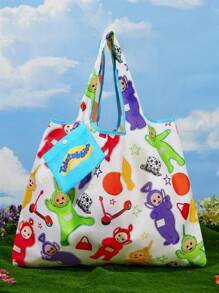 Teletubbies X SHEIN Sac fourre-tout pliable imprimé avec les personnages mignons de dessins animés Tinky Winky, Dipsy, Laa-Laa, Po, avec un mini-sac détachable sur une chaîne