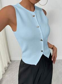 Chiquease Chaleco de punto superior asimétrico decorado con botones para mujer