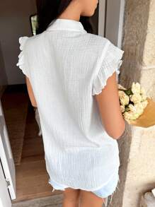 SHEIN Frenchy Women's Boho Long Blouse: White Woven Fabric With Blue Floral Embroidery, Cap Sleeves, And Stand Collar Summer Elegant - Blue and White - View 2