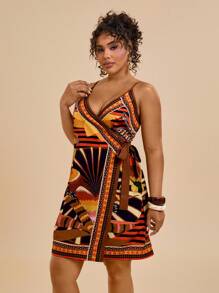 Travachic Plus Size Women Bird Print Side Knot Decor Casual Cami Dress - Brown - View 8