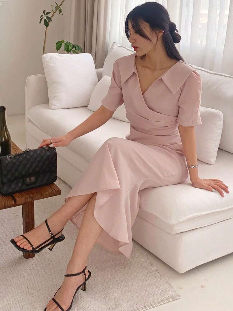 Women's Polo Collar Short Sleeve Waist Fit Mermaid Midi Dress Shirt Dress