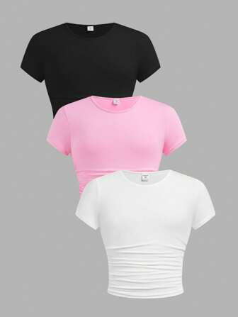 SHEIN 3st Pack Tween Girls Slim Fit Casual Enfärgad Ruched Rund Hals Kortärmade T-shirts
