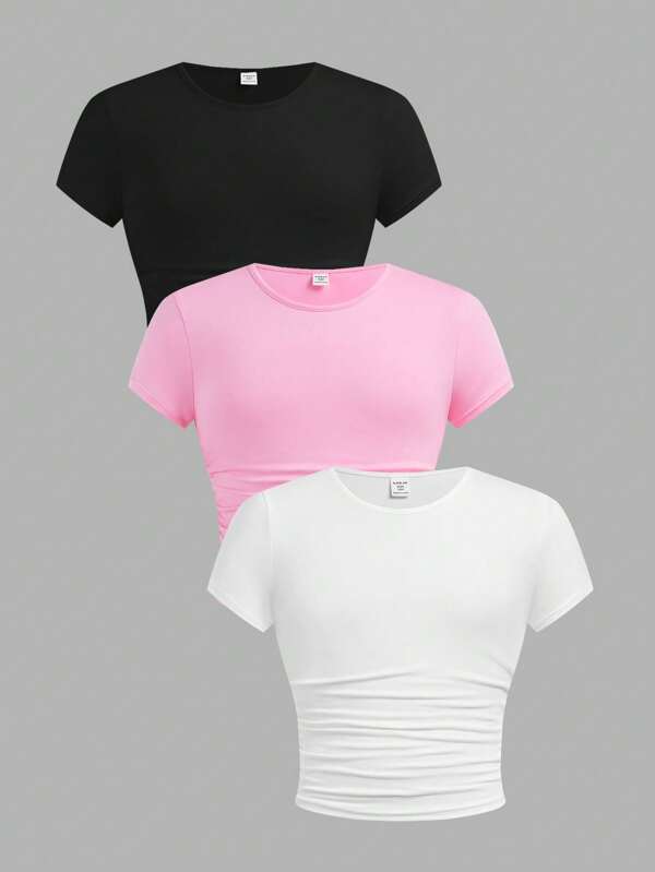 SHEIN 3pcs Pack Tween Girls Slim Fit Casual Solid Color Ruched Round Neck Short Sleeve T-Shirts