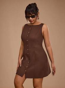 SHEIN Forever 21 大码女式夏季圆领无袖休闲黑色修身迷你连衣裙，适合通勤 - 棕色 - 查看 7