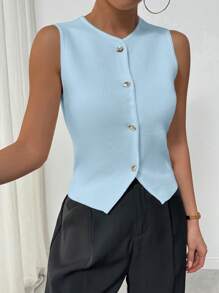 Chiquease Chaleco de punto superior asimétrico decorado con botones para mujer