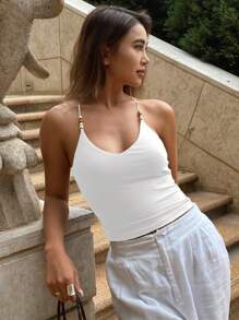 Strévra 女款串珠掛脖露背彈性休閒度假夏季背心上衣 學院風掛脖上衣 - 白色 - 查看 5