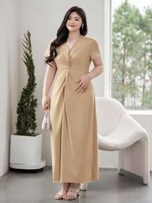 Dazy Plus Đầm dài xoắn phía trước màu trơn có tay ngắn, Xuân/Hè - Màu vàng - Xem 4