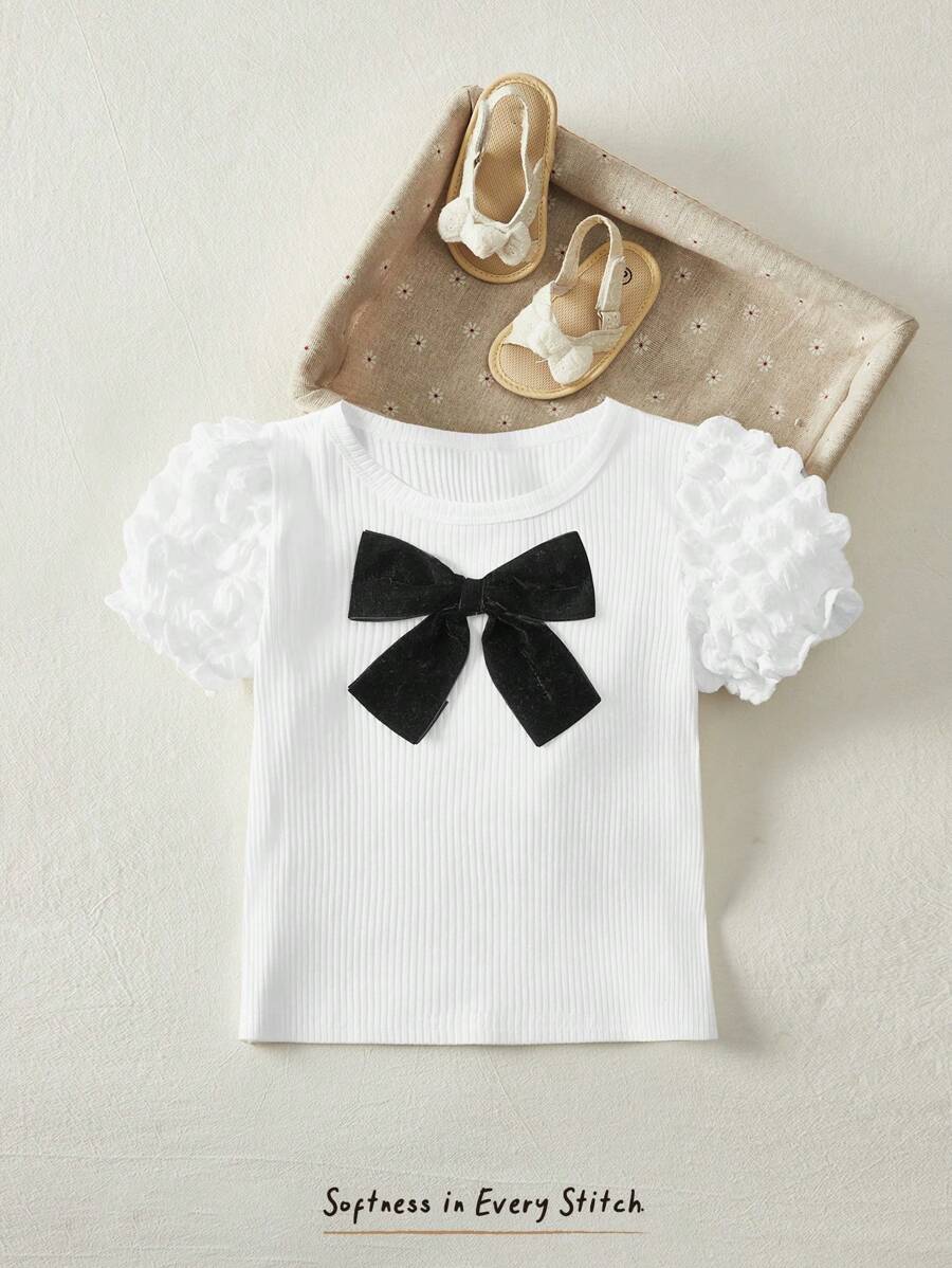 Cozy Pixies Young Girl Ruffle Bubble Short Sleeve Soft Knit Crew Neck Pullover Top - White - View 1