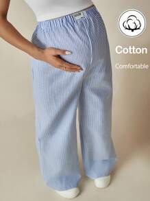 SHEIN 孕妇休闲通勤条纹高腰直筒裤 - 藍色 - 查看 4