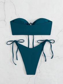 SHEIN Swim 纯色比基尼泳装，无肩带 - 水鴨藍 - 查看 2