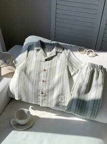 SHEIN 2pcs Boys Casual Comfortable Versatile Striped Short Sleeve Shirt And Straight Leg Pants Set, Suitable For Spring & Summer - Multicolor - View 5