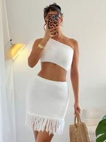Breezaya 1 套女式纯色性感露肩上衣和流苏紧身迷你裙毛衣 - 白色 - 查看 1