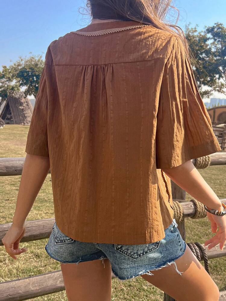 Beach Vacation Boho Style V-Neck Lace Trim & Strap Splice Short Sleeve Women Shirt