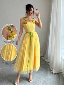 Rafferiza 时尚优雅细肩带 A 字形刺绣花卉中长连衣裙，黄色，适合春夏季 - 黃色 - 查看 1