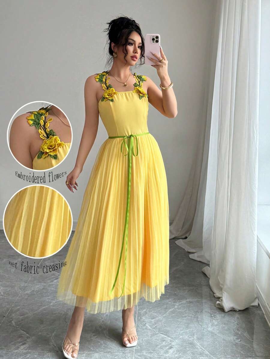 Rafferiza 时尚优雅细肩带 A 字形刺绣花卉中长连衣裙，黄色，适合春夏季 - 黃色 - 查看 1