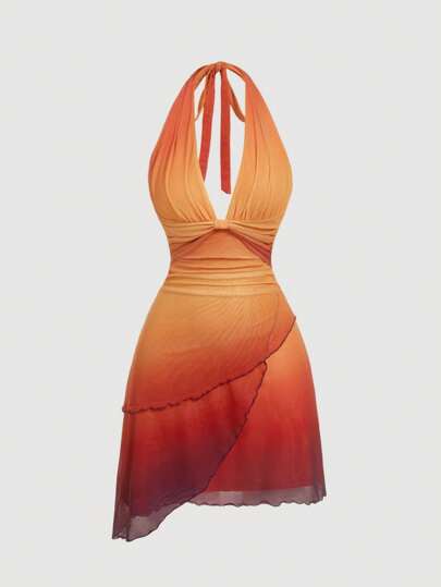 SHEIN MOD Ombre Bowknot Lace-Up Asymmetric Backless Halter Neck Dress,Summer Dresses For Women,Boho,Beach,Western,Vacation,Casual,Party,Orange Dress In Women,Tea Party Dress,Vintage Dress