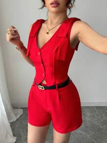 Selianne Conjunto casual de chaleco y pantalones cortos de mujer de un solo pecho, unicolor, con decoración de lazo en los hombros - Rojo - Ver 7