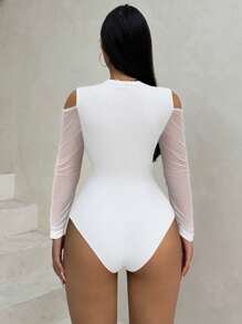 VaVaBold 女式纯色露肩长袖网眼拼布白色紧身衣，性感秋季女装 - 白色 - 查看 2