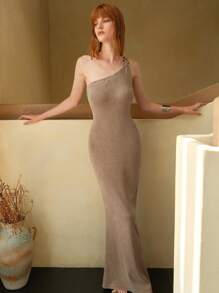 SHEIN LUNE Damen Neu Elegant Hochwertig Design Elastisch Rippstrick Bodycon asymmetrischer Ausschnitt Einschulter Maxikleid