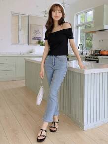 DAZY 女士纯色不对称领口T恤、短款上衣 - 黑色 - 查看 11