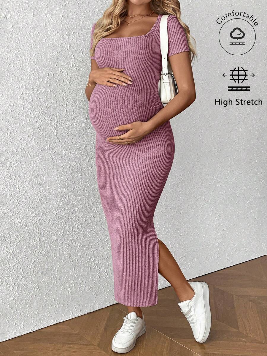 SHEIN Maternity Solid Square Neck Short Sleeve Casual Split Side Fitted Dress - Hot Pink - View 1