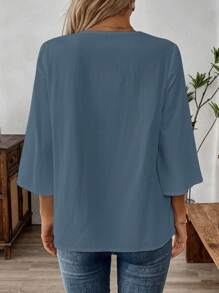 EMERY ROSE Women's Solid Color V-Neck Mid Long Sleeve Casual Tops, Simple Everyday Wear - Blue - View 2
