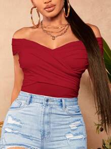 SHEIN SXY Plus Size Women's Twist Front Off Shoulder Black Tight Fit T-Shirt, Spring/Summer