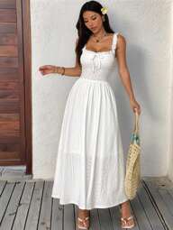 SHEIN EZwear Vestido largo de estilo bohemio con pliegues en el busto para vacaciones de verano