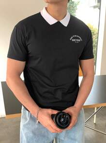 SHEIN Teen Boys' Polo Collar Black & White Splicing Tiny Graphic Casual T-Shirt, Comfortable, Fashionable, Versatile, Suitable For Daily Wear, School, Travel, Exercise, Vacation - Black and White - View 3