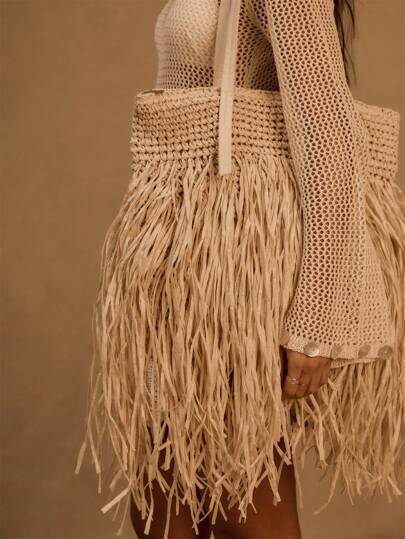 MUSERA 女士，女式手提包，草编包，流苏，时尚，优雅，简约，个性化，多功能，适合海滩，度假，节日，夏季，海边，草编流苏编织购物单肩包手提沙滩包节日假期