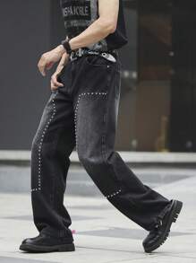 Manfinity LEGND Men's Black Denim Avant-Garde Street Casual Jeans With Zipper Details And Studded Accents