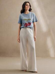 Anewsta 复古水洗樱桃刺绣串珠针织圆领 T 恤，女款，夏季休闲 - 藍色 - 查看 4