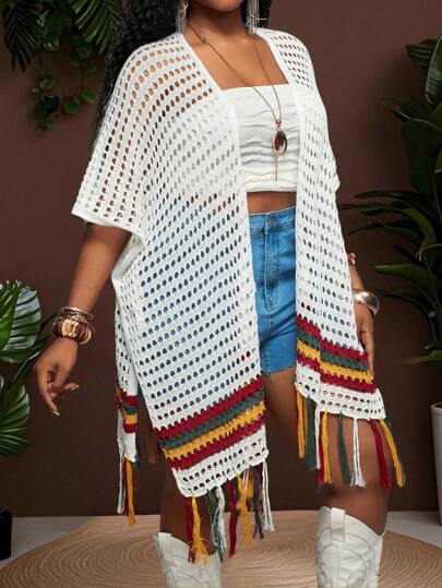 Slaydiva Plus Size Women Colorful Striped Tassels Hem Hollow Lightweight Cardigan