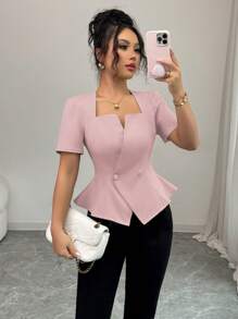 Elenzga 女式优雅心形领褶饰腰部 A 字型双纽扣短袖休闲上衣衬衫，春夏 - 粉色 - 查看 3