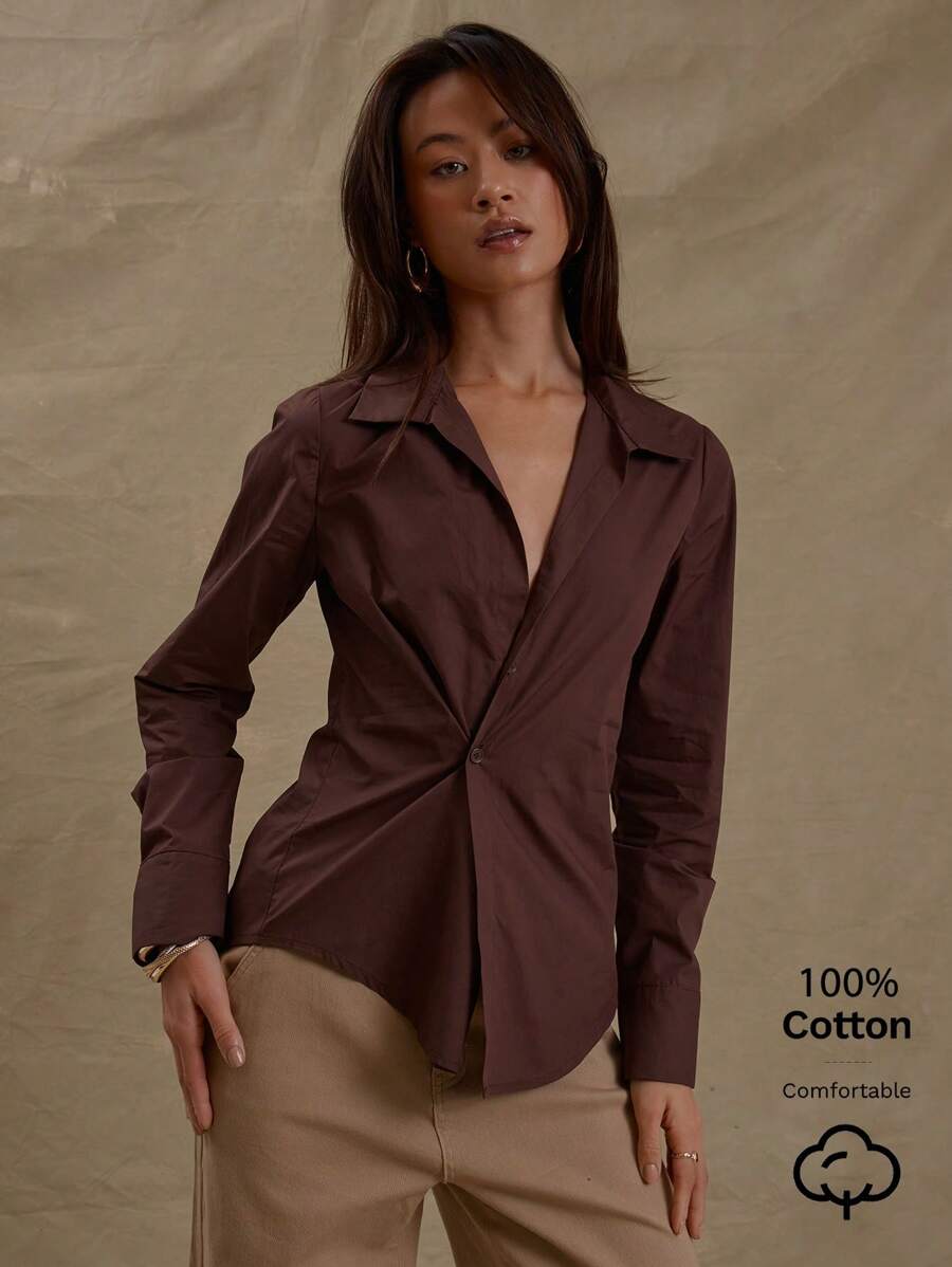 MUSERA Áo sơ mi dáng dài cổ chữ V khoét sâu, có cổ bẻ, thắt eo, tay dài, ôm dáng, thích hợp cho kỳ nghỉ, đi học, mùa thu, mùa xuân, hè. - màu nâu - Xem 1