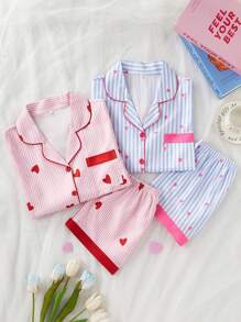 SHEIN Set de 2 piezas con parte superior de polo de manga corta de apertura frontal y pantalones cortos de bloqueo de color con estampado de burbujas y patrón de corazón