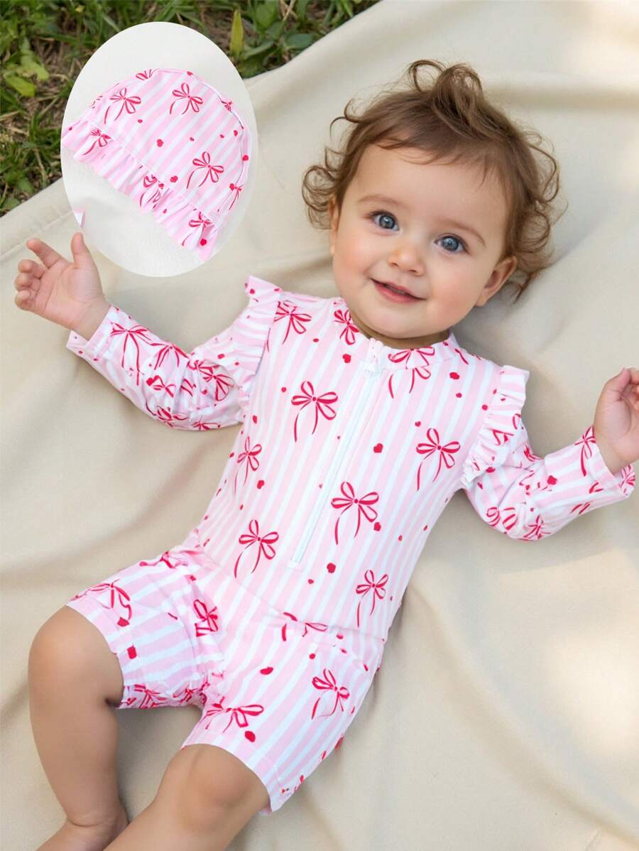 Baby Girl Pink Striped One Piece Swimsuit With Shorts & Hat, Adorable Bow Decor - Pink - View 1