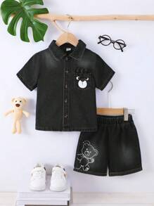 2件套幼儿男童休闲领图案衬衫+牛仔短裤套装 - 黑色 - 查看 4